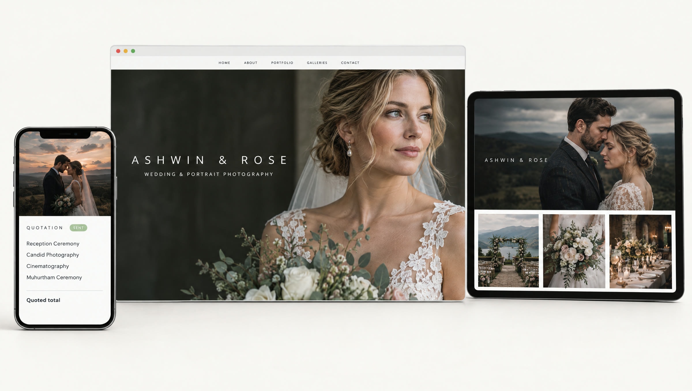 A studio portfolio open in a browser under the studio's own name, a client's paid invoice on a phone, and a delivered photo gallery on a tablet